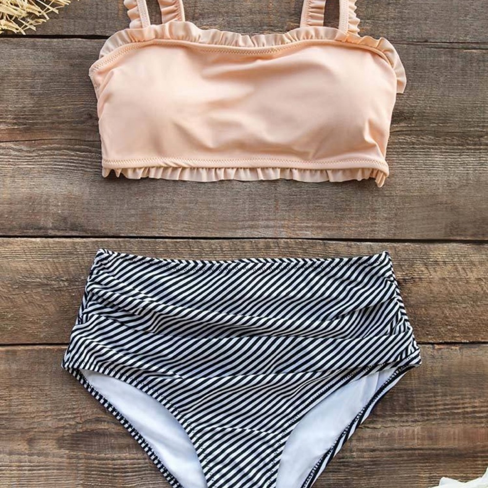 CUPSHE Ruffle Bandeau Bikini With High Waisted Bottom NWT SM Peach Black White - Picture 5 of 17